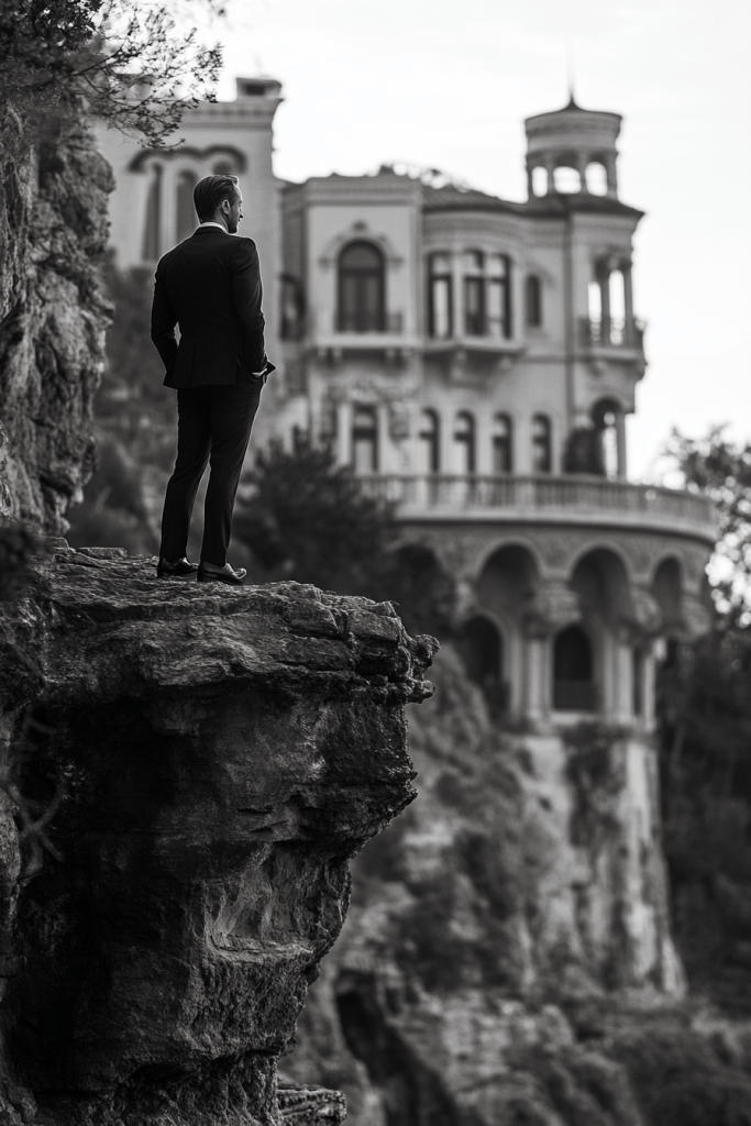 Black-and-white photo of a billionaire in a suit standing on a cliff, gazing at a grand mansion in the distance.