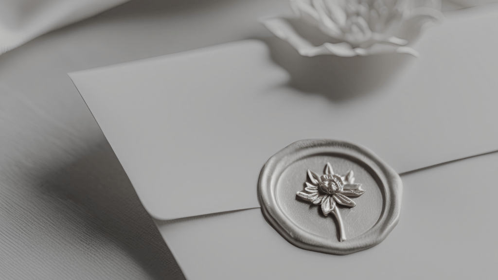 Elegant white envelope sealed with a metallic floral wax stamp, set against soft fabric.