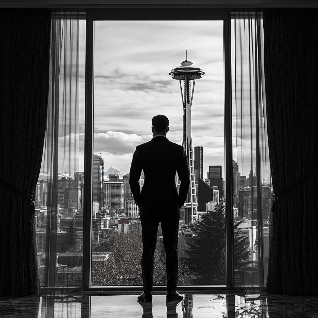 Black-and-white image of a man in a suit standing at a high-rise window, overlooking the Seattle skyline and the Space Needle.